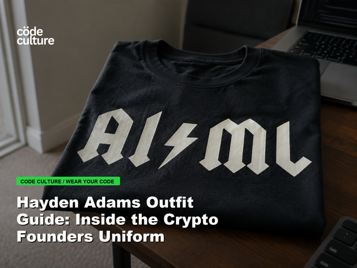 Code Culture blog banner for Hayden Adams Outfit Guide: Inside the Crypto Founders Uniform, featuring a aiml 100416 developer t-shirt.
