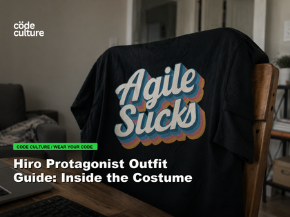 Code Culture blog banner for Hiro Protagonist Outfit Guide: Inside the Costume, featuring a agile suck developer t-shirt.