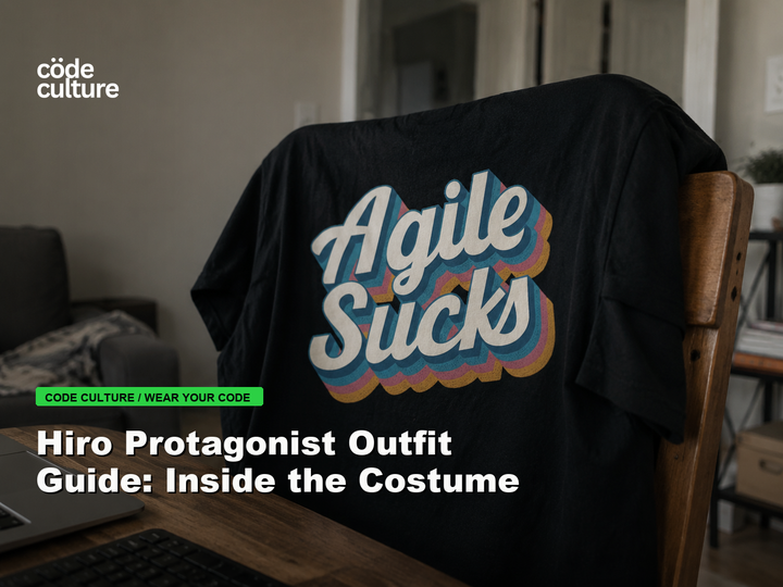 Code Culture blog banner for Hiro Protagonist Outfit Guide: Inside the Costume, featuring a agile suck developer t-shirt.