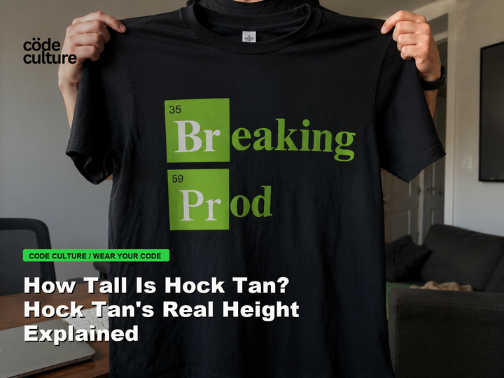 Code Culture blog banner for How Tall Is Hock Tan? Hock Tan's Real Height Explained, featuring a 35 breaking 59 prod developer t-shirt.