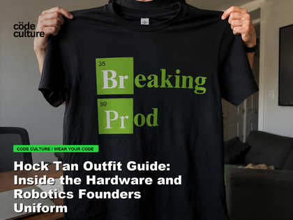 Code Culture blog banner for Hock Tan Outfit Guide: Inside the Hardware and Robotics Founders Uniform, featuring a 35 breaking 59 prod developer t-shirt.