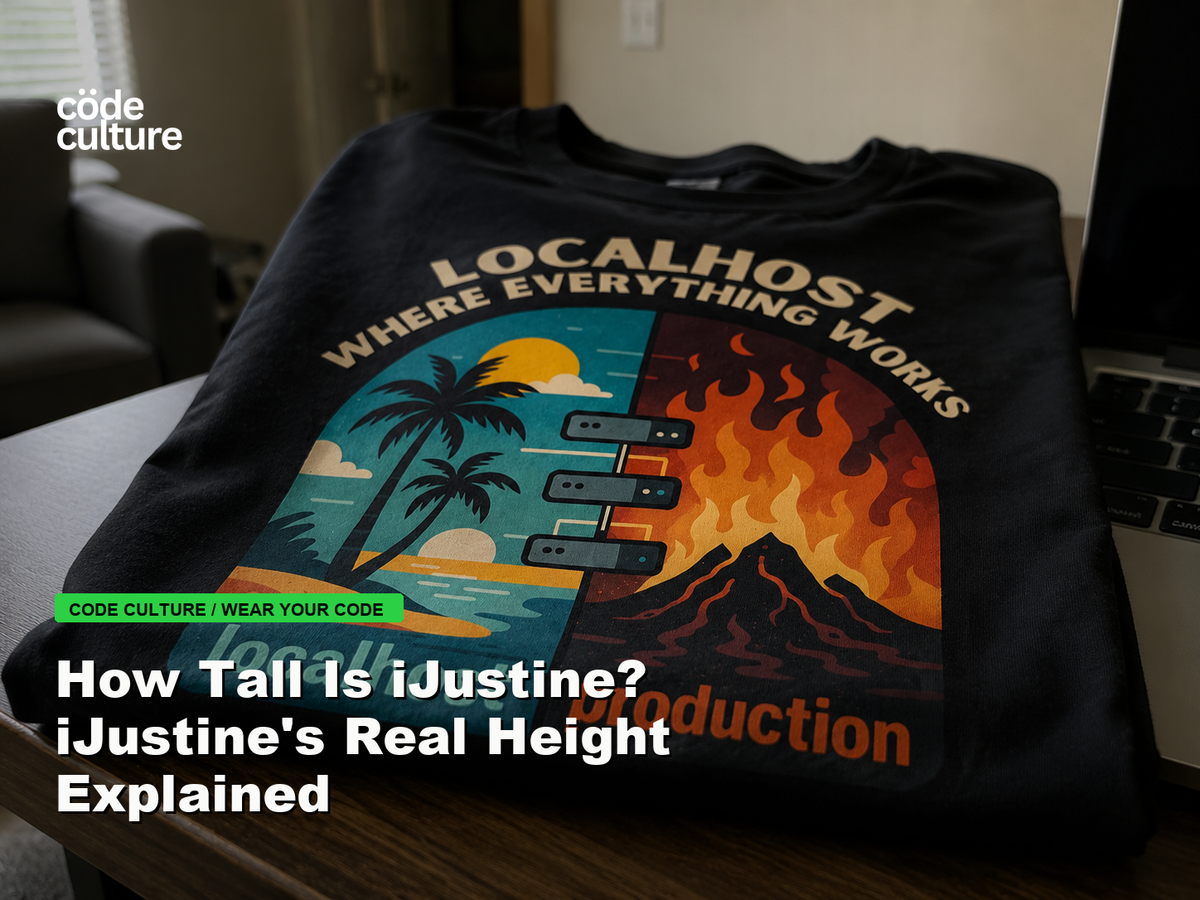 Code Culture blog banner for How Tall Is iJustine? iJustine's Real Height Explained, featuring a localhost production developer t-shirt.