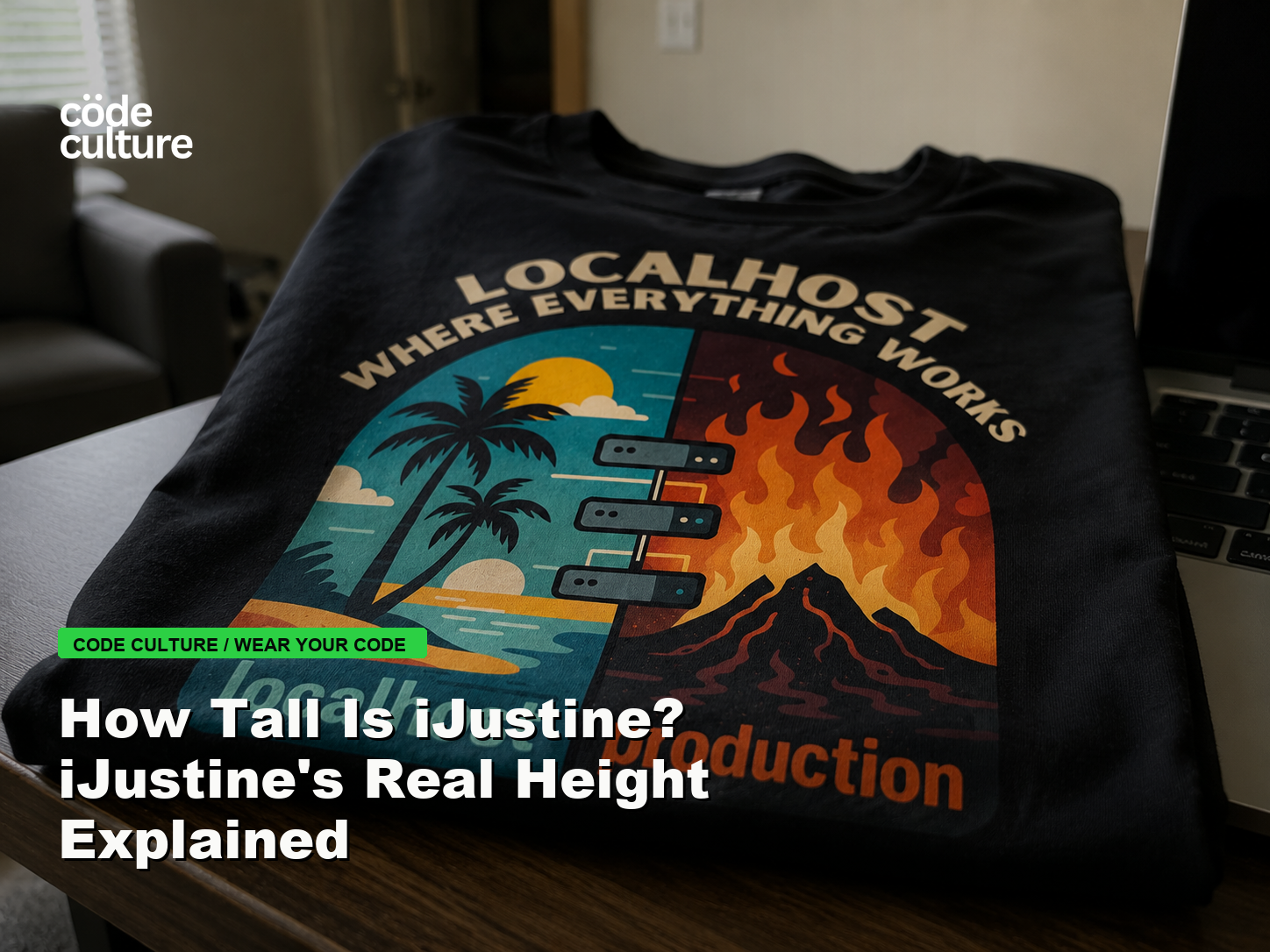 Code Culture blog banner for How Tall Is iJustine? iJustine's Real Height Explained, featuring a localhost production developer t-shirt.