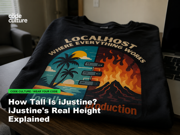 Code Culture blog banner for How Tall Is iJustine? iJustine's Real Height Explained, featuring a localhost production developer t-shirt.