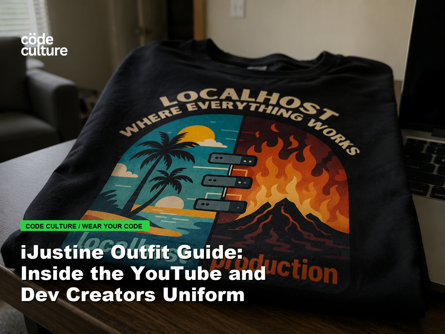 Code Culture blog banner for iJustine Outfit Guide: Inside the YouTube and Dev Creators Uniform, featuring a localhost production developer t-shirt.