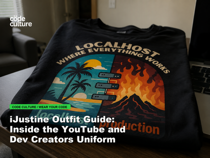 Code Culture blog banner for iJustine Outfit Guide: Inside the YouTube and Dev Creators Uniform, featuring a localhost production developer t-shirt.