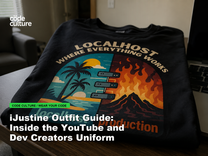 Code Culture blog banner for iJustine Outfit Guide: Inside the YouTube and Dev Creators Uniform, featuring a localhost production developer t-shirt.