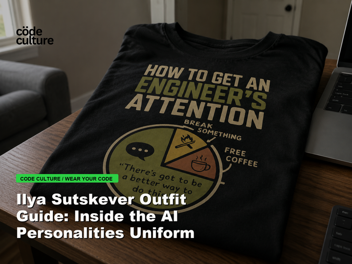 Code Culture blog banner for Ilya Sutskever Outfit Guide: Inside the AI Personalities Uniform, featuring a how to get an engineer attention developer t-shirt.