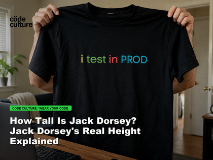 Code Culture blog banner for How Tall Is Jack Dorsey? Jack Dorsey's Real Height Explained, featuring a i test in prod developer t-shirt.