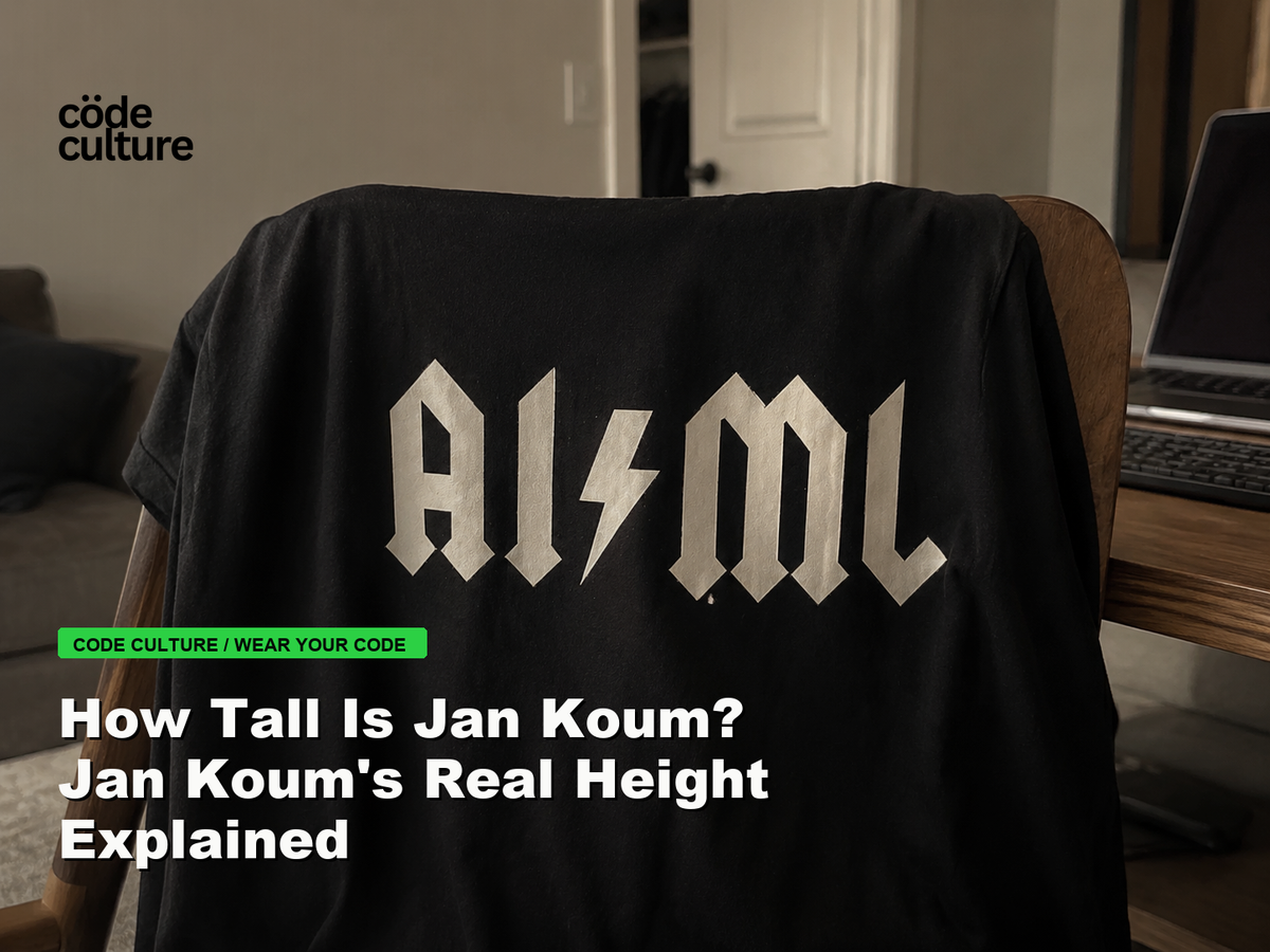 Code Culture blog banner for How Tall Is Jan Koum? Jan Koum's Real Height Explained, featuring a aiml 100416 developer t-shirt.