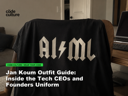 Code Culture blog banner for Jan Koum Outfit Guide: Inside the Tech CEOs and Founders Uniform, featuring a aiml 100416 developer t-shirt.