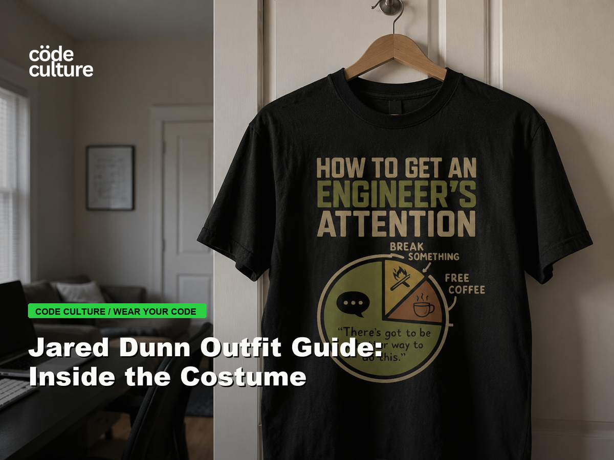 Code Culture blog banner for Jared Dunn Outfit Guide: Inside the Costume, featuring a how to get an engineer attention developer t-shirt.