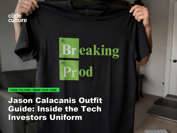 Code Culture blog banner for Jason Calacanis Outfit Guide: Inside the Tech Investors Uniform, featuring a 35 breaking 59 prod developer t-shirt.