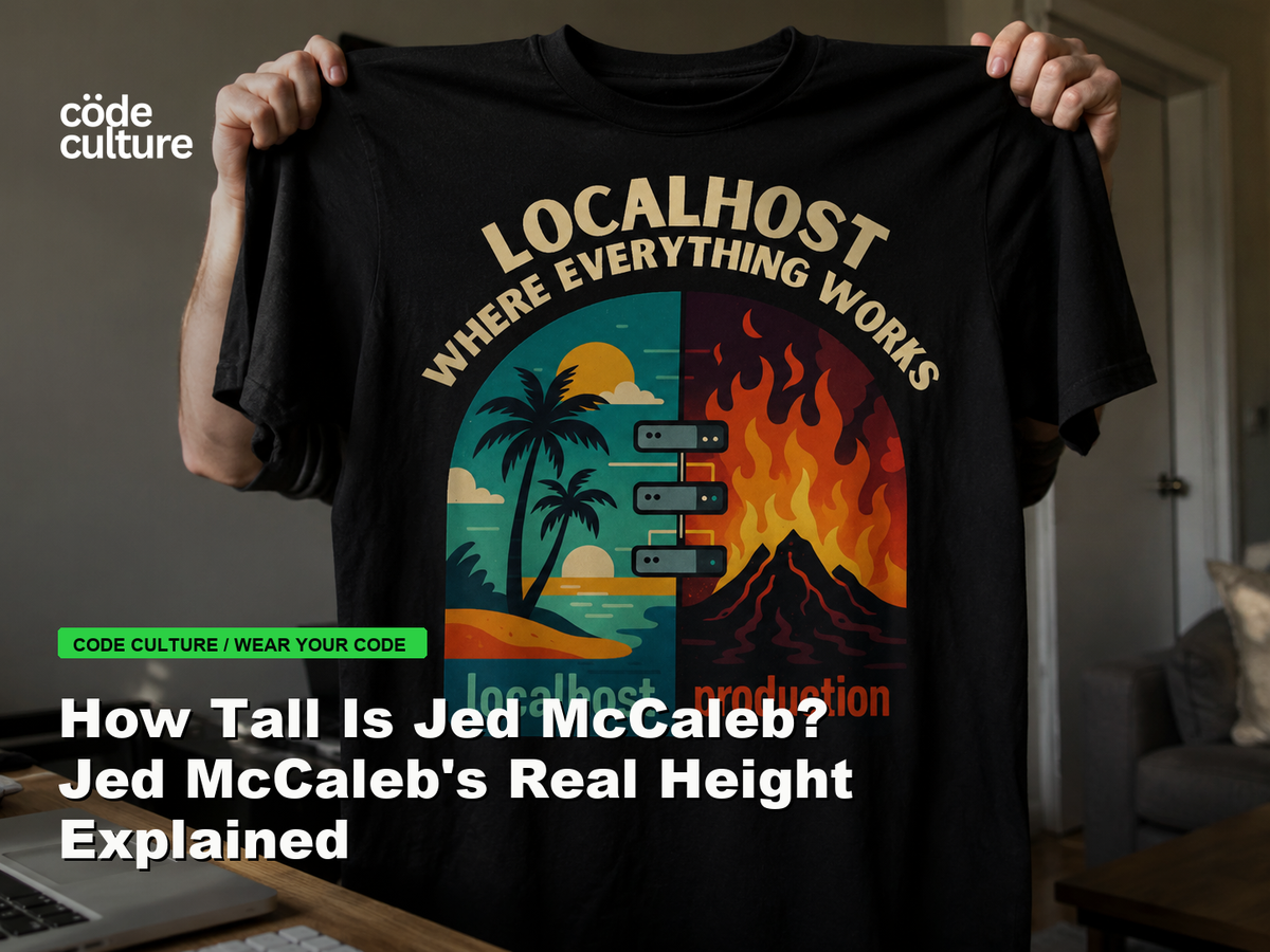Code Culture blog banner for How Tall Is Jed McCaleb? Jed McCaleb's Real Height Explained, featuring a localhost production developer t-shirt.