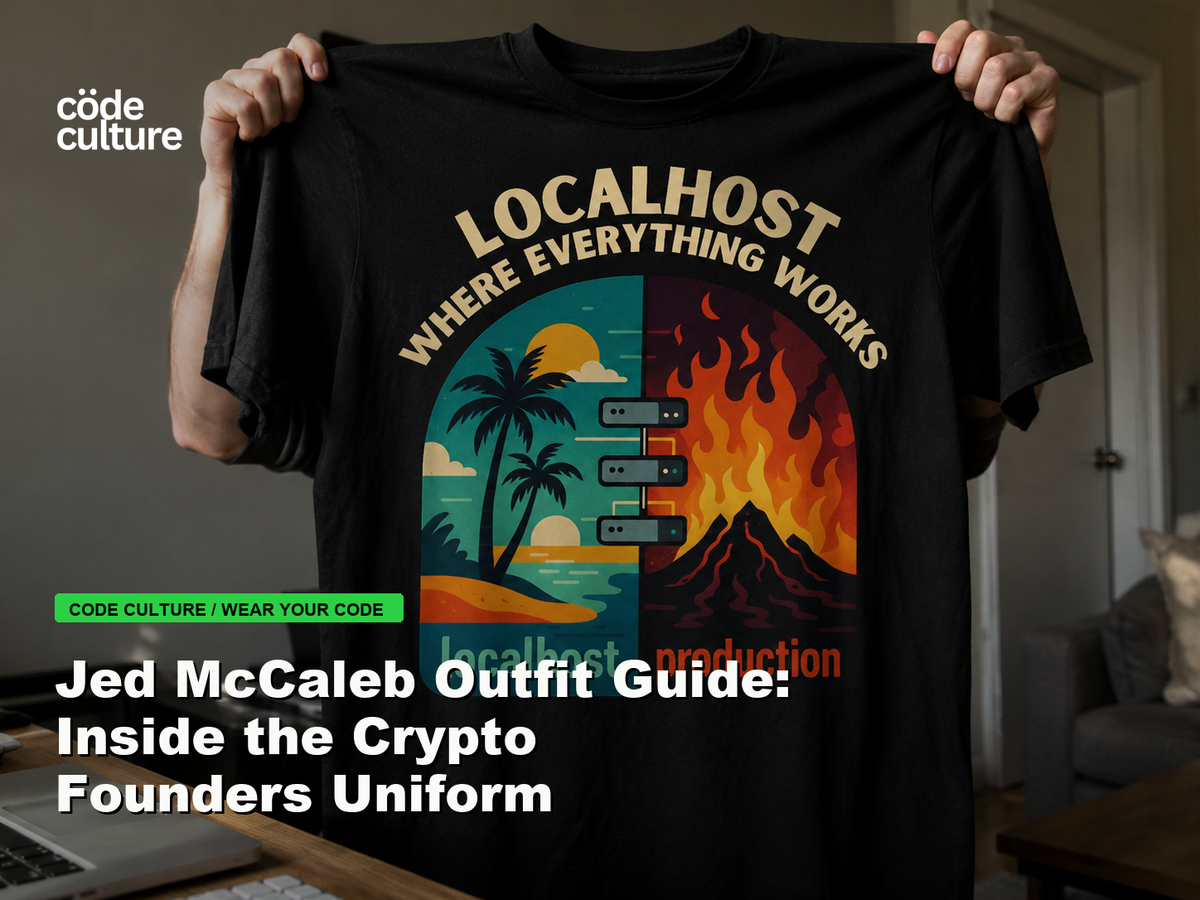 Code Culture blog banner for Jed McCaleb Outfit Guide: Inside the Crypto Founders Uniform, featuring a localhost production developer t-shirt.