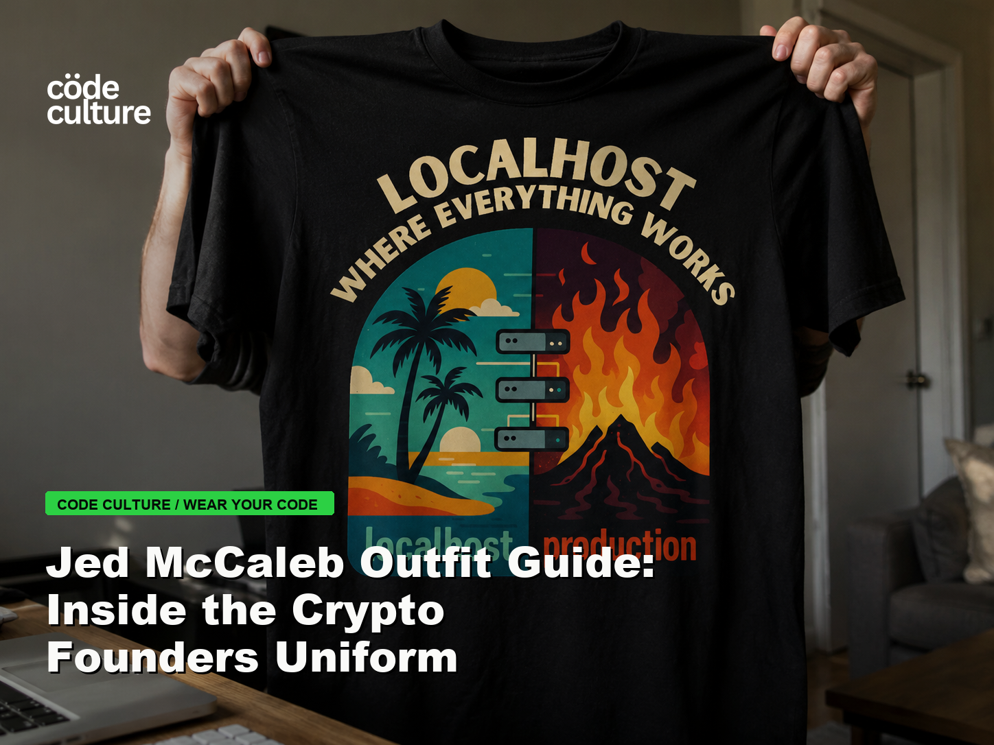 Code Culture blog banner for Jed McCaleb Outfit Guide: Inside the Crypto Founders Uniform, featuring a localhost production developer t-shirt.