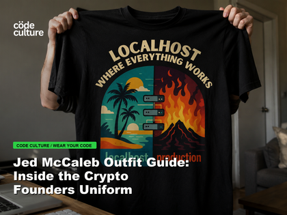 Code Culture blog banner for Jed McCaleb Outfit Guide: Inside the Crypto Founders Uniform, featuring a localhost production developer t-shirt.