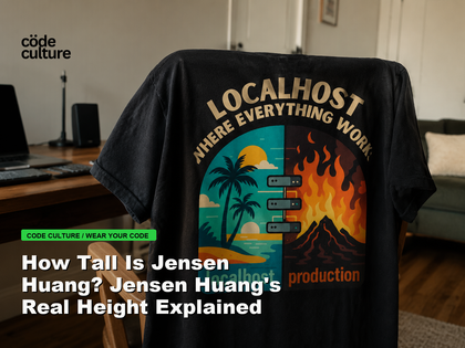 Code Culture blog banner for How Tall Is Jensen Huang? Jensen Huang's Real Height Explained, featuring a localhost production developer t-shirt.