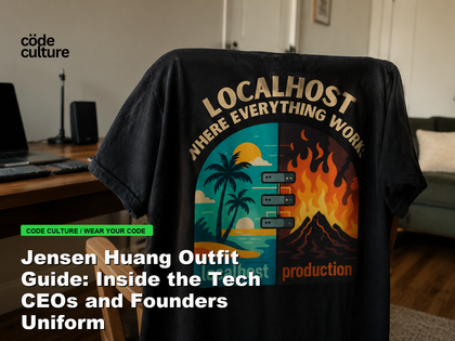 Code Culture blog banner for Jensen Huang Outfit Guide: Inside the Tech CEOs and Founders Uniform, featuring a localhost production developer t-shirt.