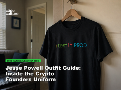 Code Culture blog banner for Jesse Powell Outfit Guide: Inside the Crypto Founders Uniform, featuring a i test in prod developer t-shirt.