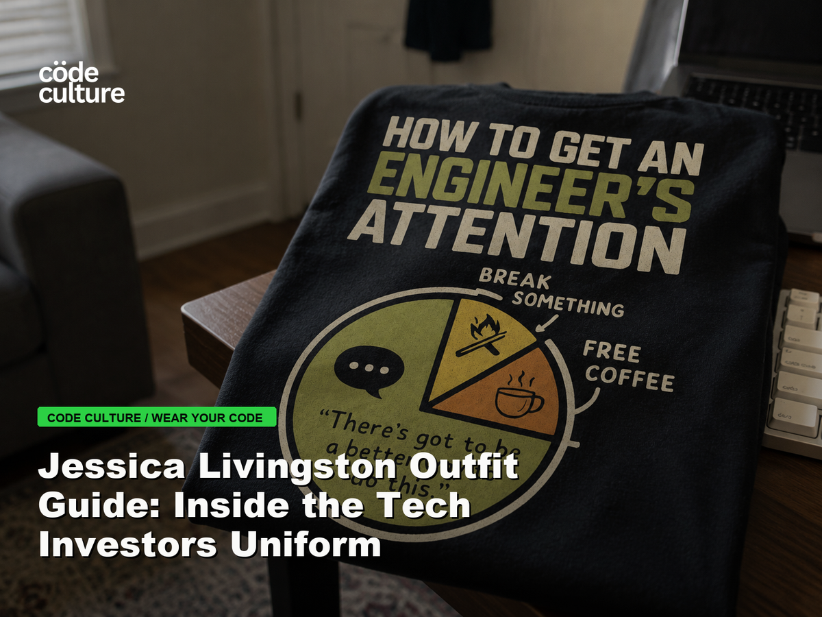 Code Culture blog banner for Jessica Livingston Outfit Guide: Inside the Tech Investors Uniform, featuring a how to get an engineer attention developer t-shirt.