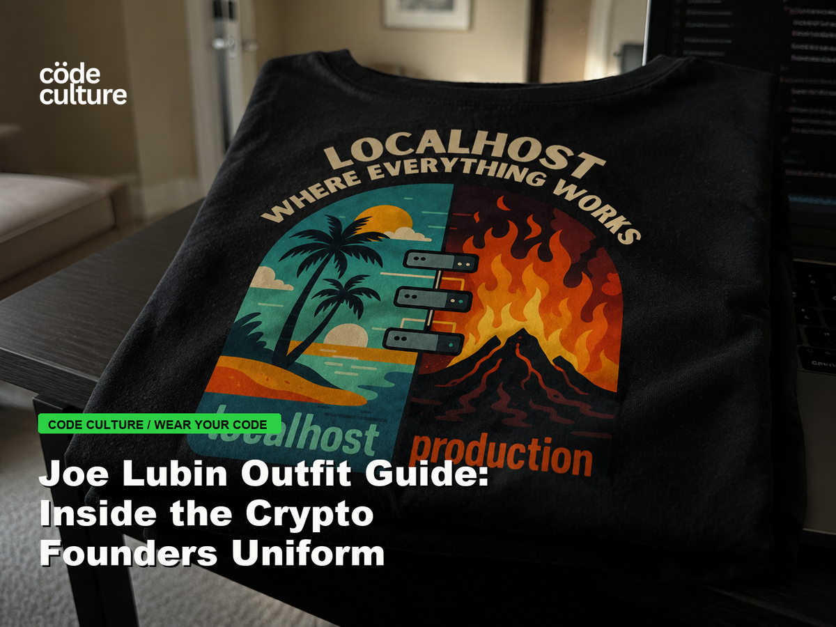 Code Culture blog banner for Joe Lubin Outfit Guide: Inside the Crypto Founders Uniform, featuring a localhost production developer t-shirt.
