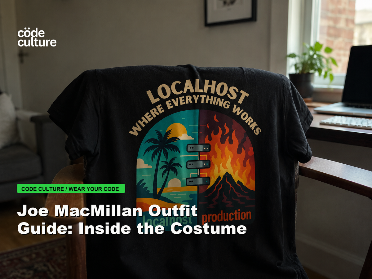 Code Culture blog banner for Joe MacMillan Outfit Guide: Inside the Costume, featuring a localhost production developer t-shirt.