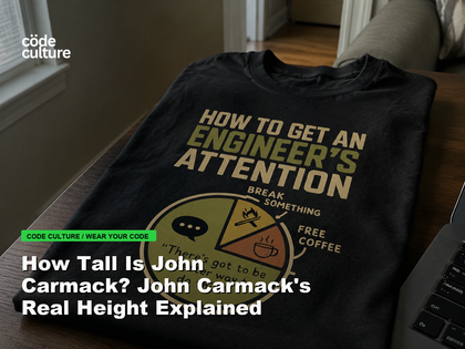 Code Culture blog banner for How Tall Is John Carmack? John Carmack's Real Height Explained, featuring a how to get an engineer attention developer t-shirt.