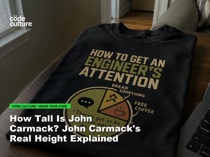 Code Culture blog banner for How Tall Is John Carmack? John Carmack's Real Height Explained, featuring a how to get an engineer attention developer t-shirt.