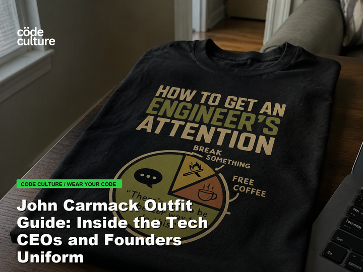 Code Culture blog banner for John Carmack Outfit Guide: Inside the Tech CEOs and Founders Uniform, featuring a how to get an engineer attention developer t-shirt.