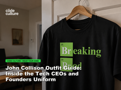 Code Culture blog banner for John Collison Outfit Guide: Inside the Tech CEOs and Founders Uniform, featuring a 35 breaking 59 prod developer t-shirt.