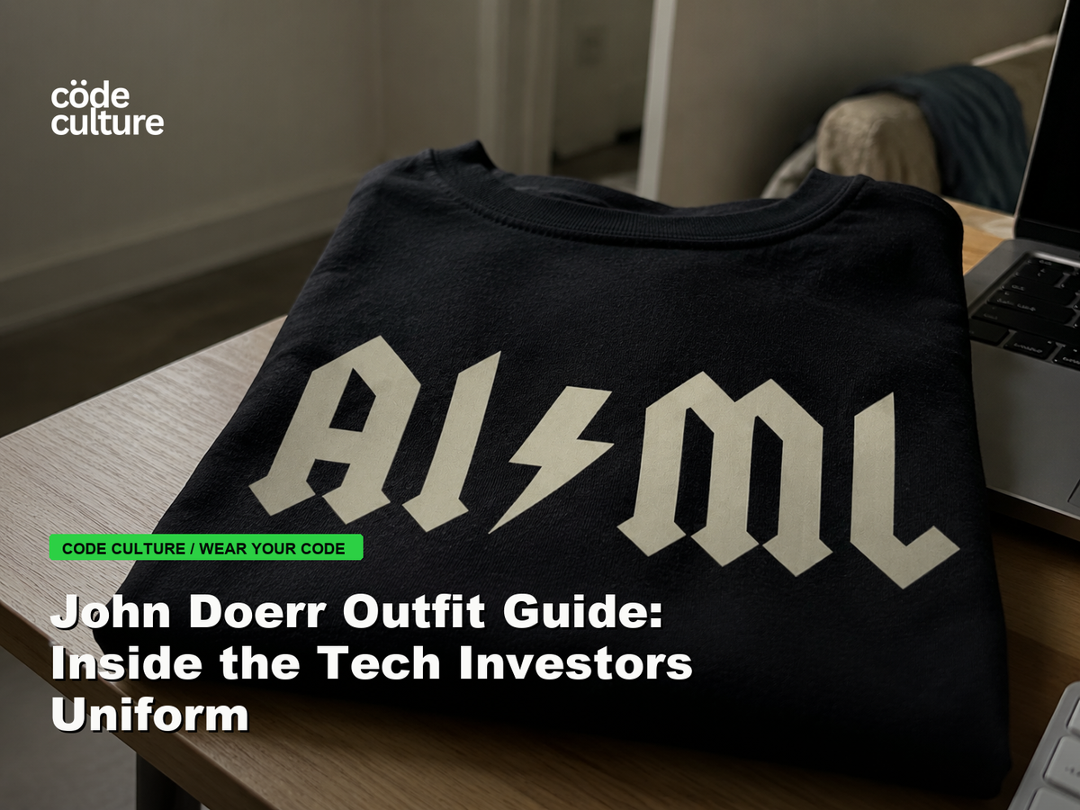 Code Culture blog banner for John Doerr Outfit Guide: Inside the Tech Investors Uniform, featuring a aiml 100416 developer t-shirt.