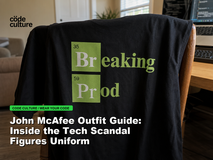 Code Culture blog banner for John McAfee Outfit Guide: Inside the Tech Scandal Figures Uniform, featuring a 35 breaking 59 prod developer t-shirt.