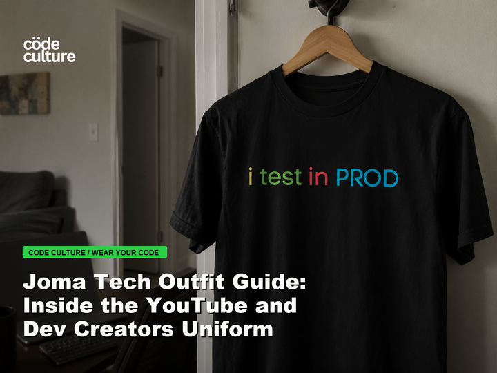 Code Culture blog banner for Joma Tech Outfit Guide: Inside the YouTube and Dev Creators Uniform, featuring a i test in prod developer t-shirt.