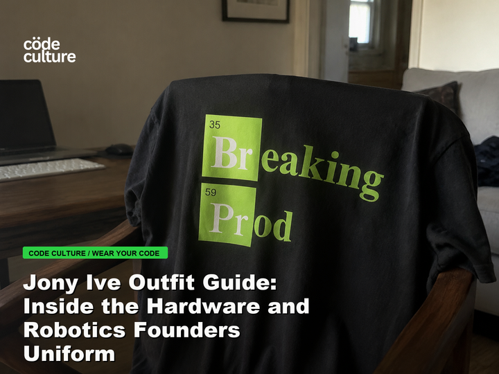 Code Culture blog banner for Jony Ive Outfit Guide: Inside the Hardware and Robotics Founders Uniform, featuring a 35 breaking 59 prod developer t-shirt.