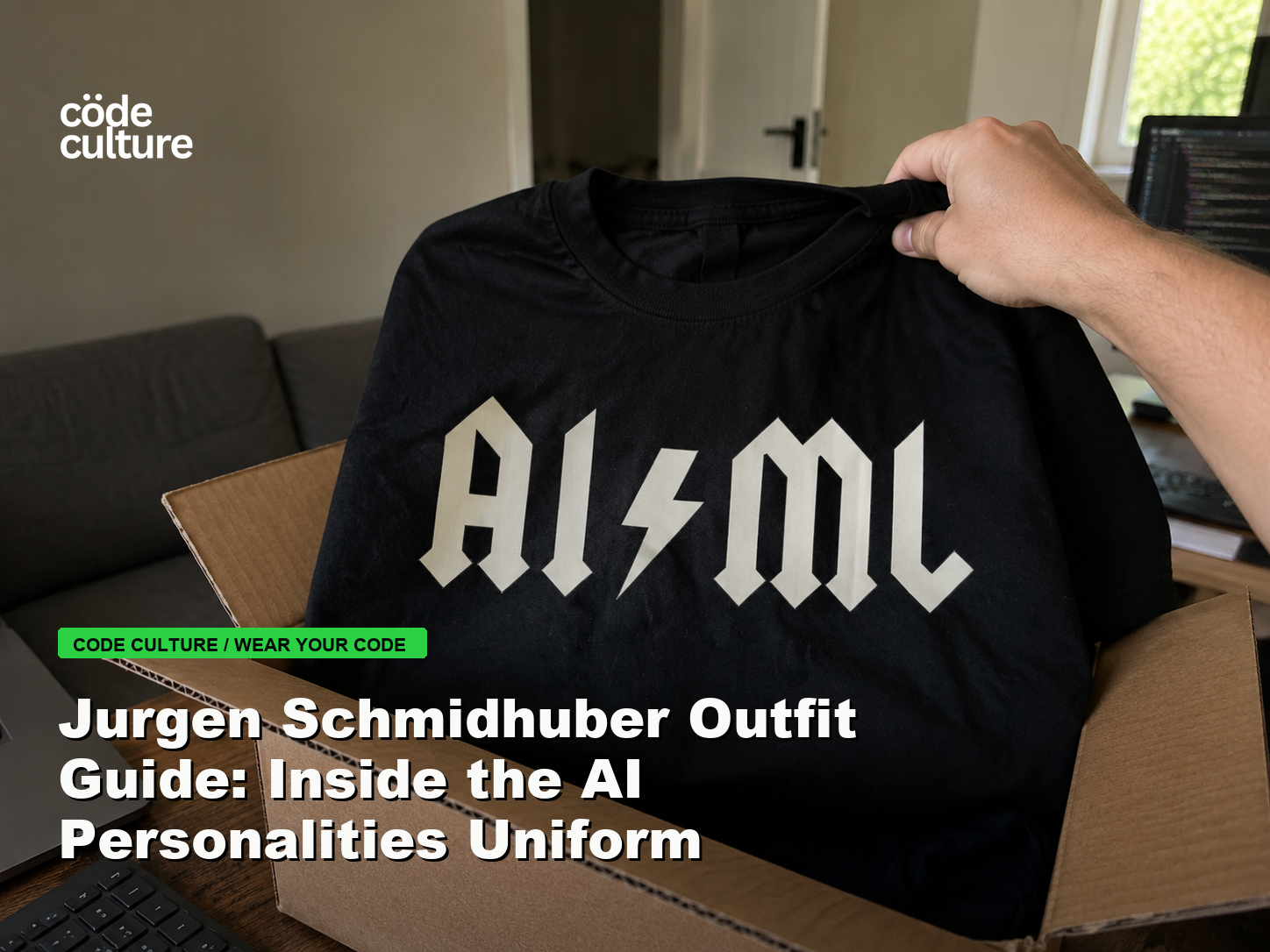 Code Culture blog banner for Jurgen Schmidhuber Outfit Guide: Inside the AI Personalities Uniform, featuring a aiml 100416 developer t-shirt.