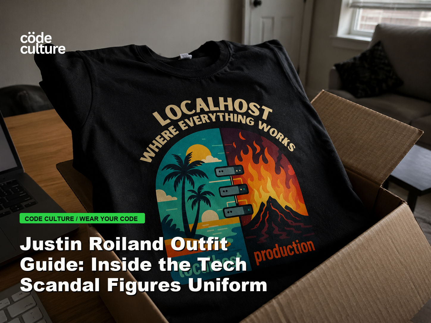 Code Culture blog banner for Justin Roiland Outfit Guide: Inside the Tech Scandal Figures Uniform, featuring a localhost production developer t-shirt.