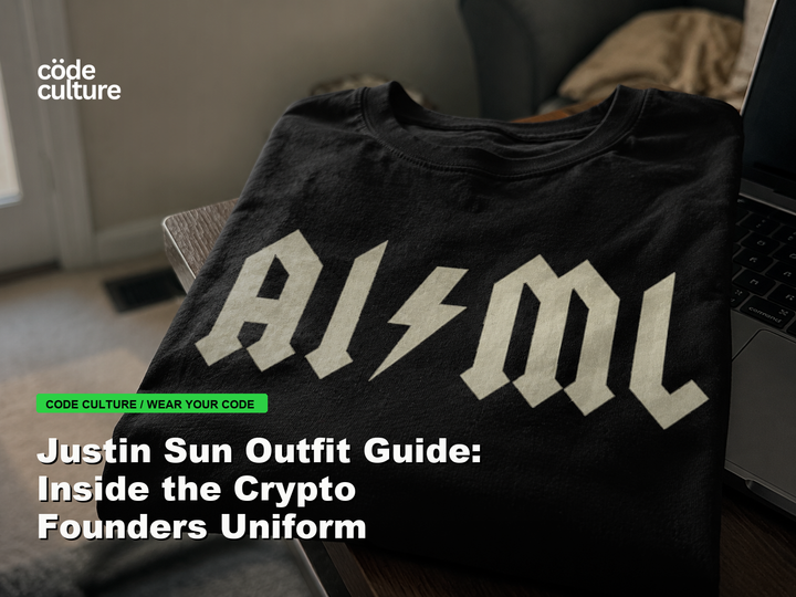 Code Culture blog banner for Justin Sun Outfit Guide: Inside the Crypto Founders Uniform, featuring a aiml 100416 developer t-shirt.