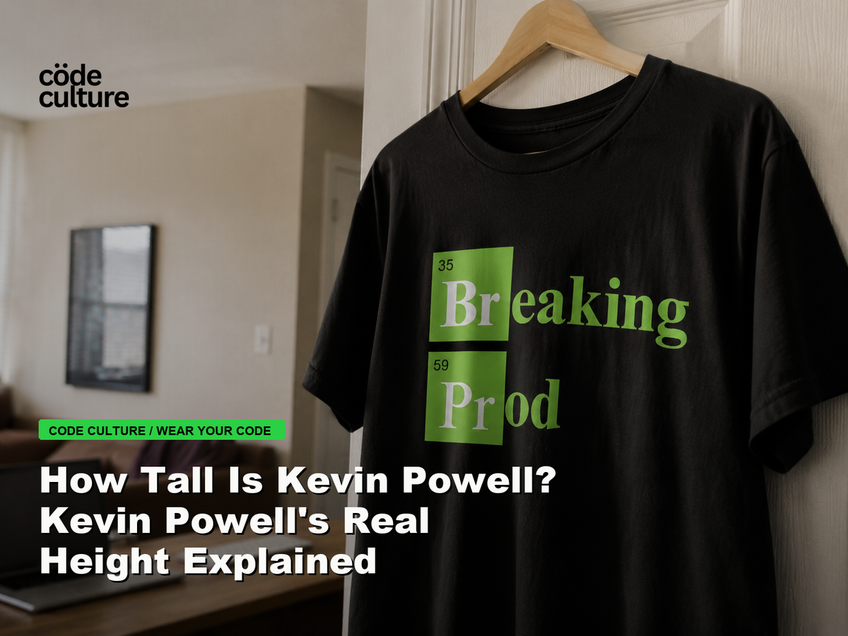 Code Culture blog banner for How Tall Is Kevin Powell? Kevin Powell's Real Height Explained, featuring a 35 breaking 59 prod developer t-shirt.