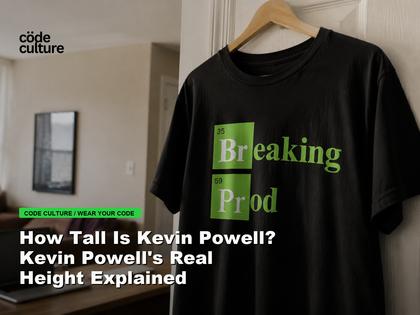 Code Culture blog banner for How Tall Is Kevin Powell? Kevin Powell's Real Height Explained, featuring a 35 breaking 59 prod developer t-shirt.