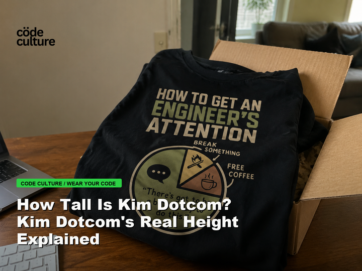 Code Culture blog banner for How Tall Is Kim Dotcom? Kim Dotcom's Real Height Explained, featuring a how to get an engineer attention developer t-shirt.