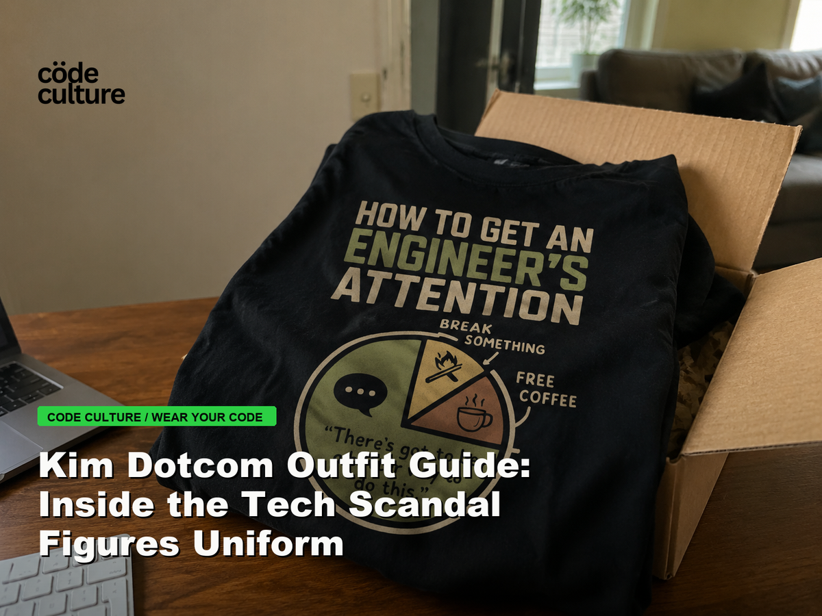 Code Culture blog banner for Kim Dotcom Outfit Guide: Inside the Tech Scandal Figures Uniform, featuring a how to get an engineer attention developer t-shirt.