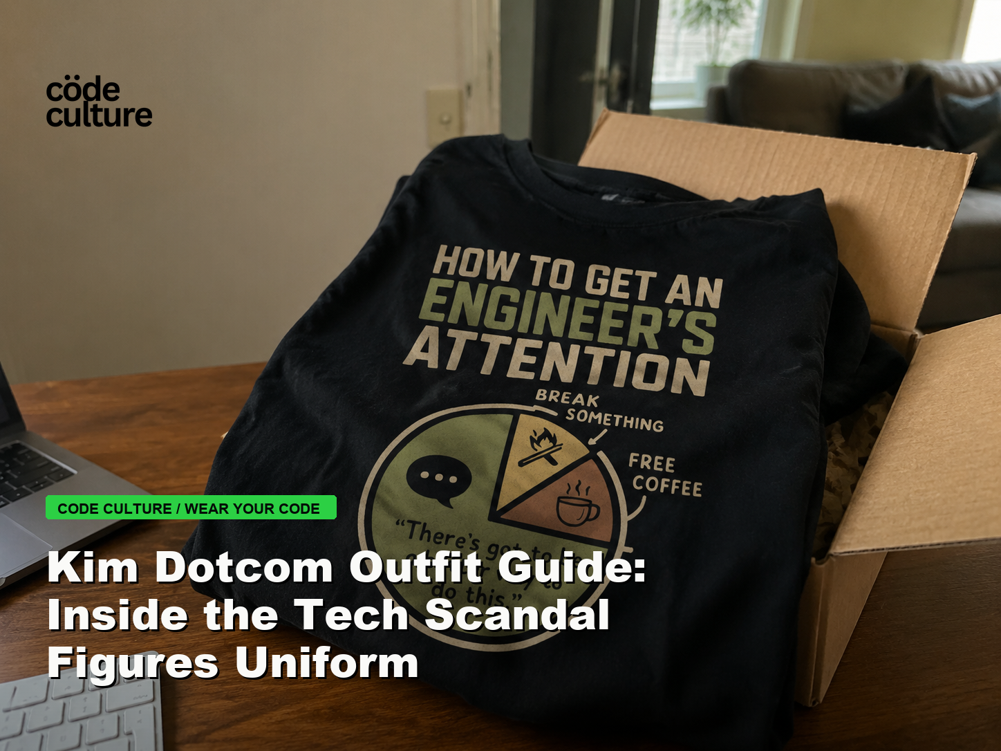 Code Culture blog banner for Kim Dotcom Outfit Guide: Inside the Tech Scandal Figures Uniform, featuring a how to get an engineer attention developer t-shirt.