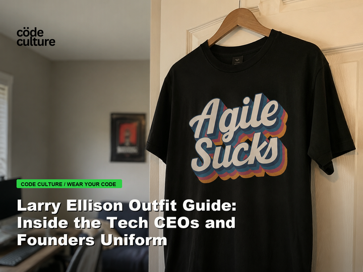 Code Culture blog banner for Larry Ellison Outfit Guide: Inside the Tech CEOs and Founders Uniform, featuring a agile suck developer t-shirt.