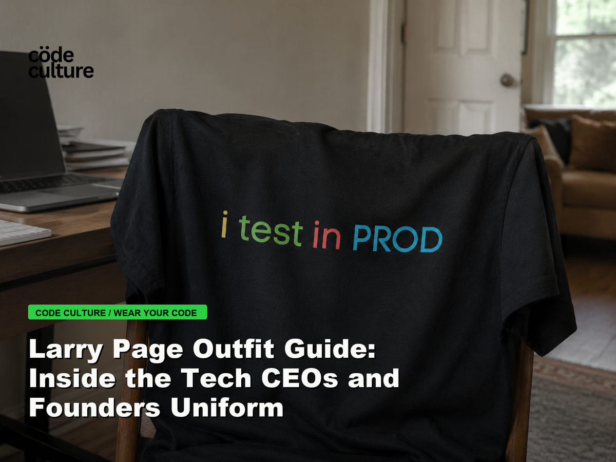 Code Culture blog banner for Larry Page Outfit Guide: Inside the Tech CEOs and Founders Uniform, featuring a i test in prod developer t-shirt.