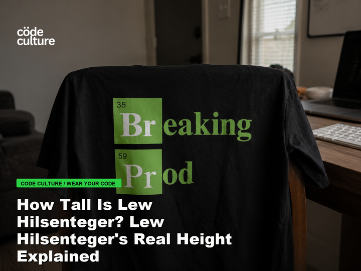 Code Culture blog banner for How Tall Is Lew Hilsenteger? Lew Hilsenteger's Real Height Explained, featuring a 35 breaking 59 prod developer t-shirt.