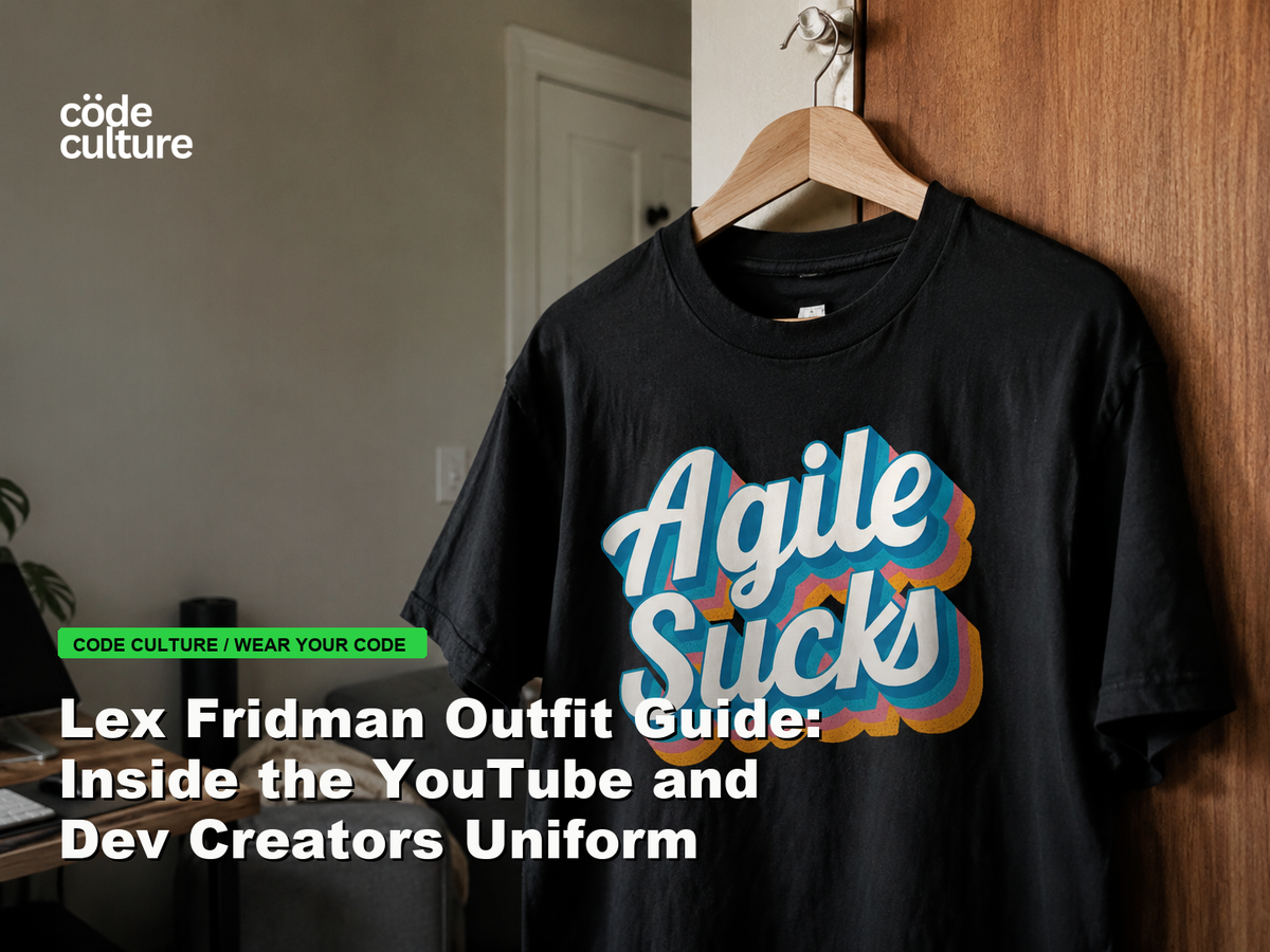 Code Culture blog banner for Lex Fridman Outfit Guide: Inside the YouTube and Dev Creators Uniform, featuring a agile suck developer t-shirt.
