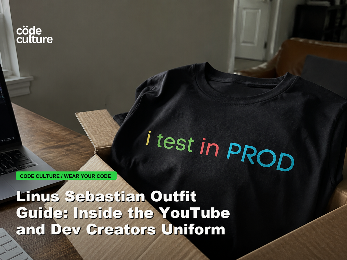 Code Culture blog banner for Linus Sebastian Outfit Guide: Inside the YouTube and Dev Creators Uniform, featuring a i test in prod developer t-shirt.