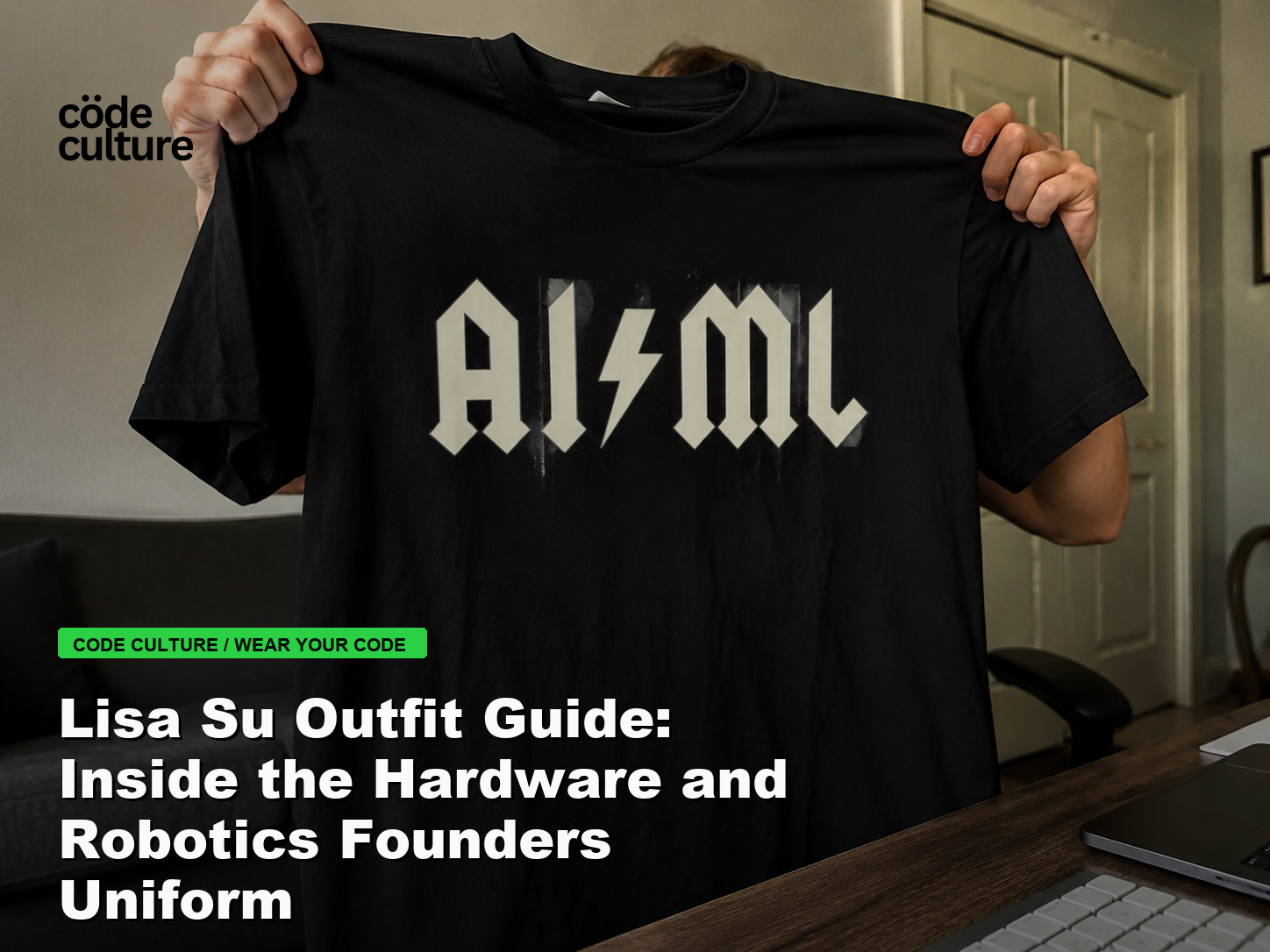 Code Culture blog banner for Lisa Su Outfit Guide: Inside the Hardware and Robotics Founders Uniform, featuring a aiml 100416 developer t-shirt.