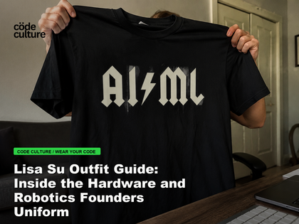 Code Culture blog banner for Lisa Su Outfit Guide: Inside the Hardware and Robotics Founders Uniform, featuring a aiml 100416 developer t-shirt.